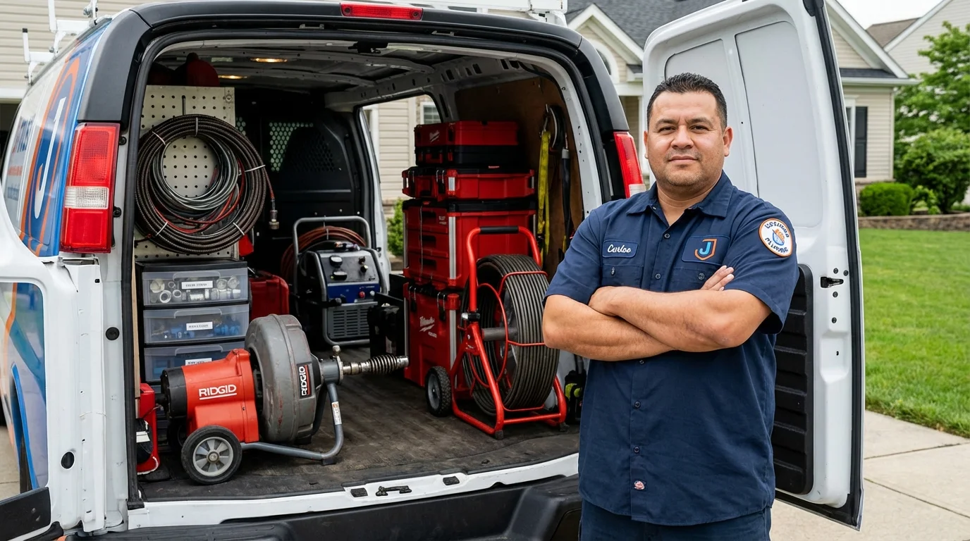 Professional drain cleaning equipment and Johns Plumbing LLC plumber in Cadillac
