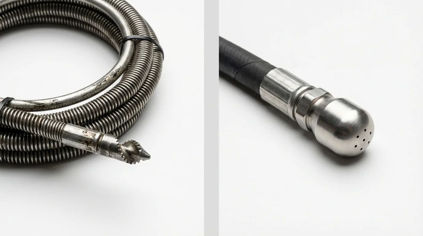 Drain snake cable and hydro jetting nozzle used for drain cleaning in Cadillac, MI