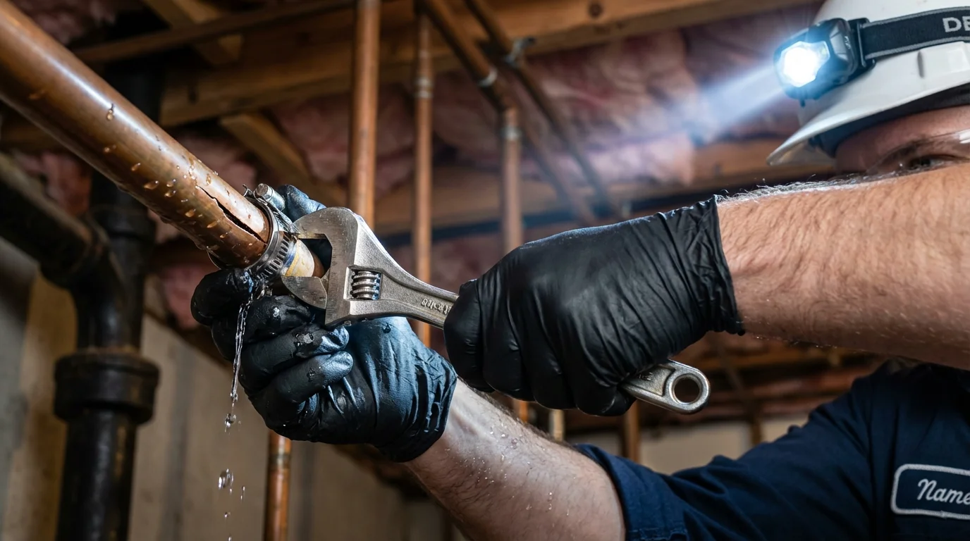 Emergency pipe clamp repair being performed by a Johns Plumbing LLC plumber in Cadillac