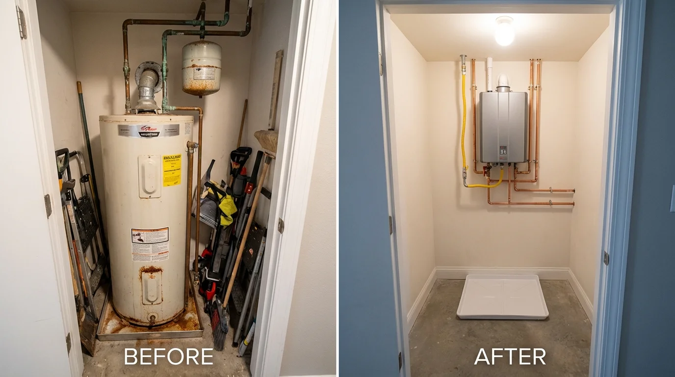 Tank water heater versus wall-mounted tankless unit comparison for Cadillac, MI homeowners