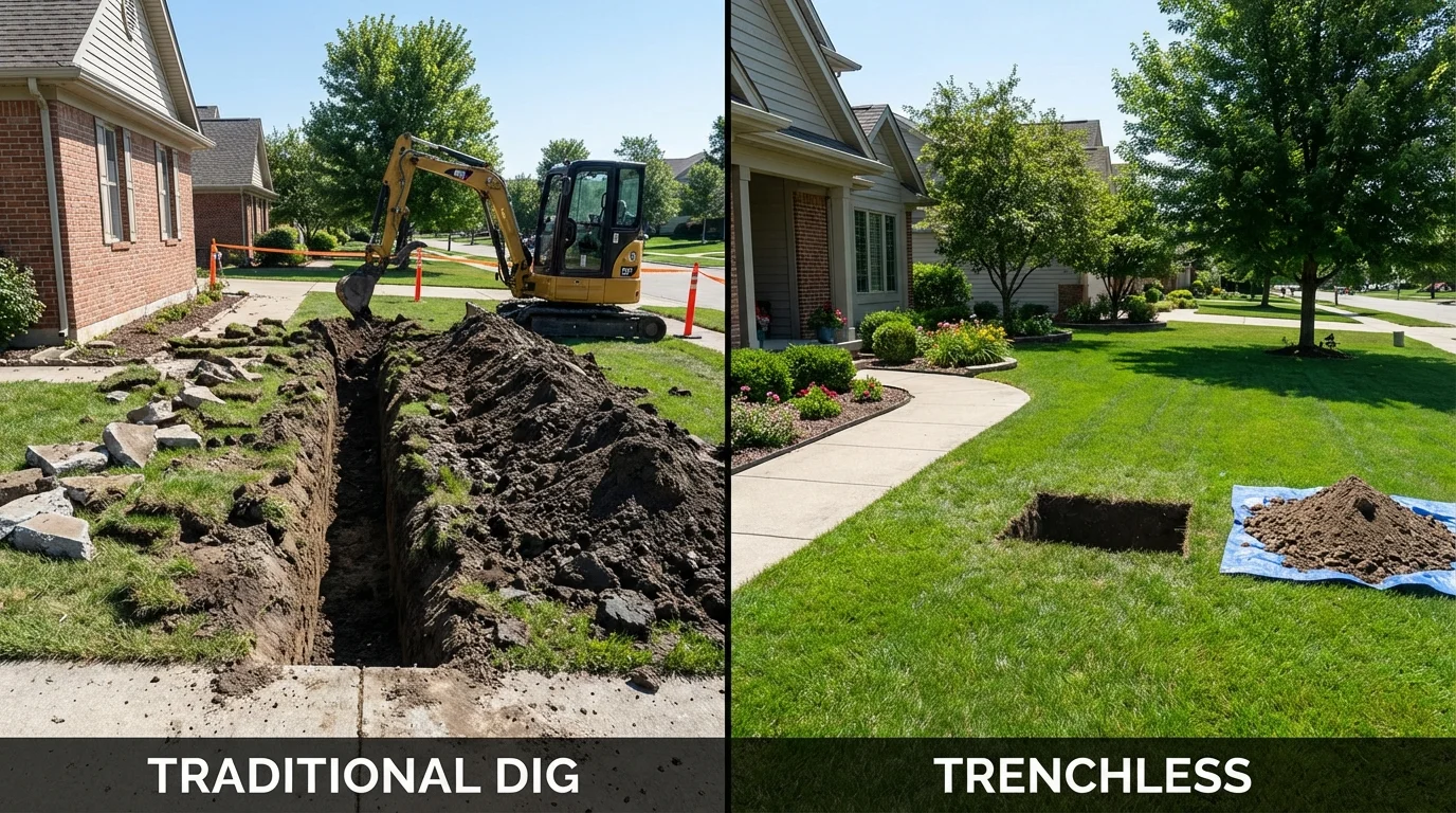 Trenchless sewer repair with minimal yard damage versus traditional excavation in Cadillac, MI