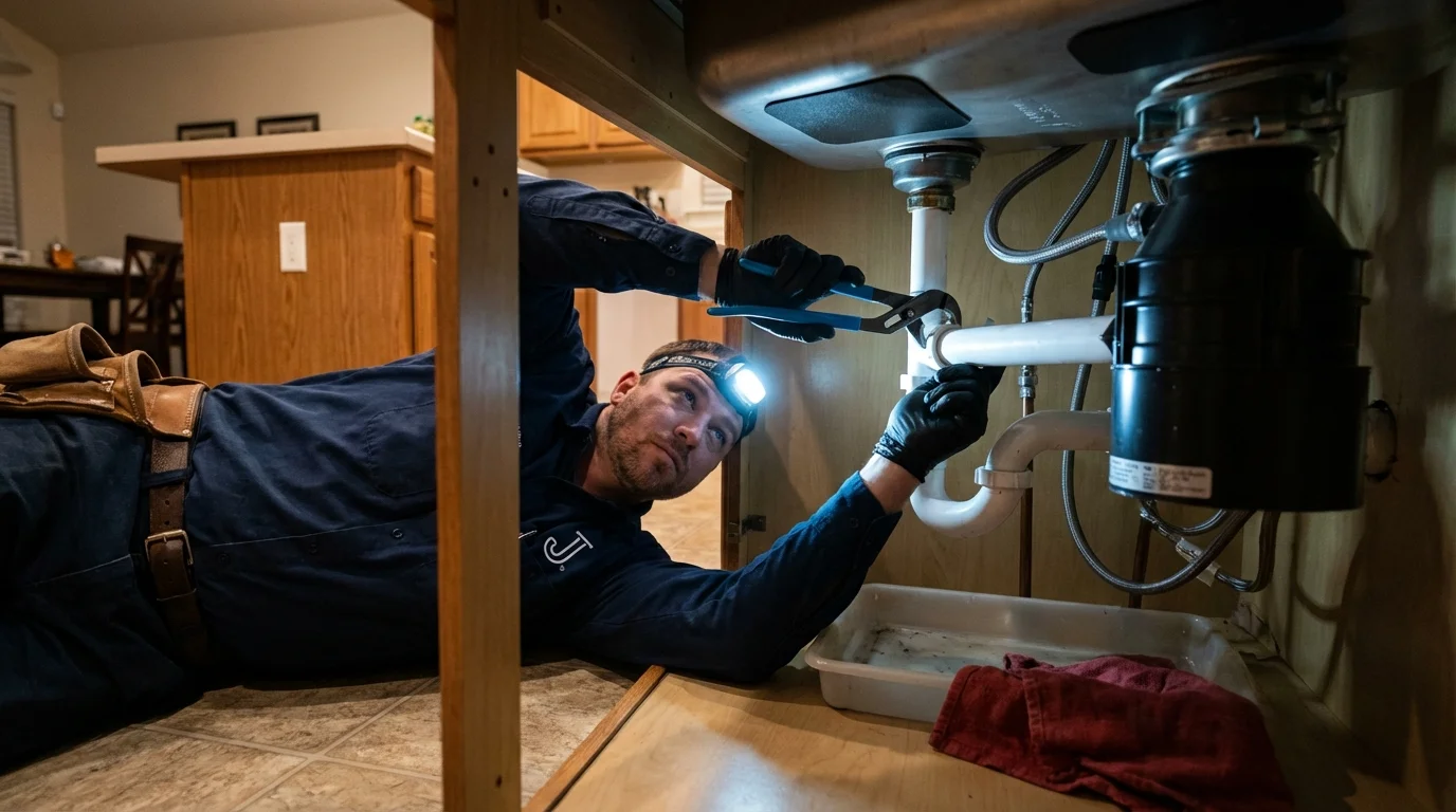 P-trap and supply line connections under a kitchen sink showing a common leak point in Cadillac, MI